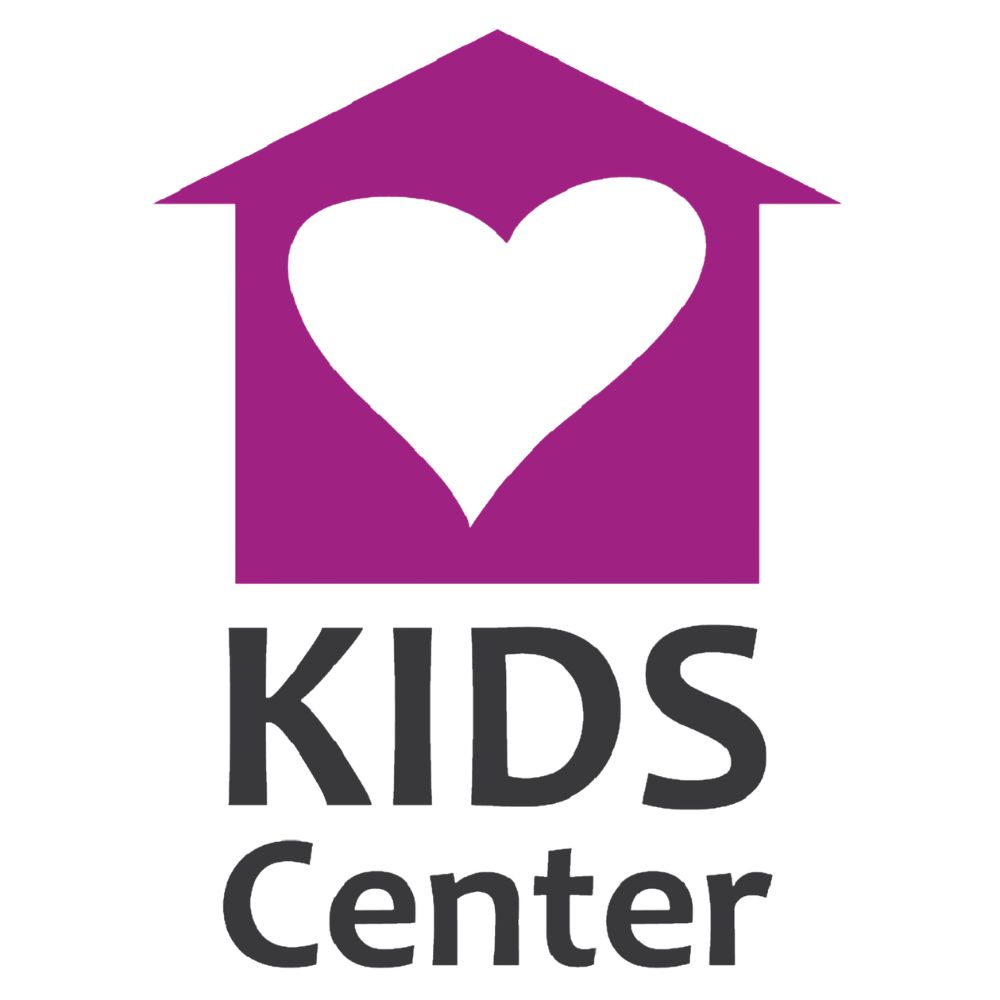Logo of a purple house with a white heart inside and text saying Kids Center below.